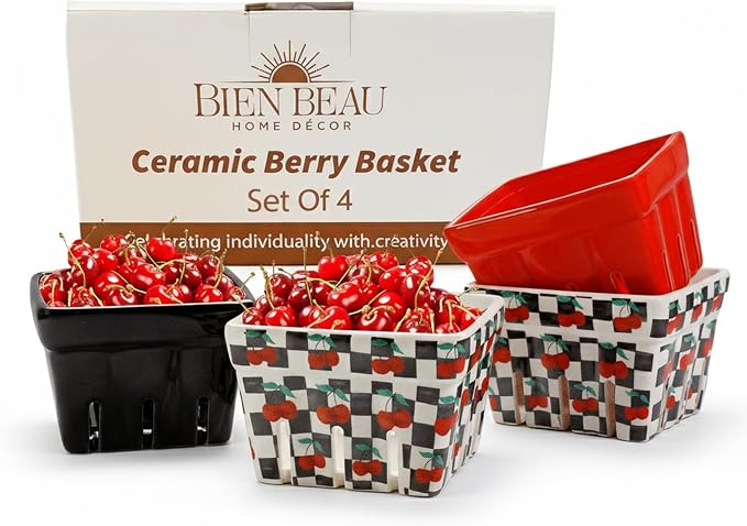 Ceramic Berry Baskets Set of 4, Checkered Fruit Colanders | Black and white checkered with red cherry pattern, stoneware, dishwasher safe, drains and stores berries, farmhouse kitchen by BIENBEAU