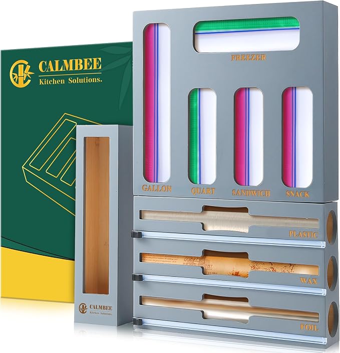 Calmbee 9 in 1 Bamboo Storage Bag Organizer for Kitchen Drawer – Plastic Wrap Dispenser with Cutter & Foil Organizer, Wooden Baggie Organizer for Sandwich, Snack, Gallon, Quart Sizes, Grey by Calmbee