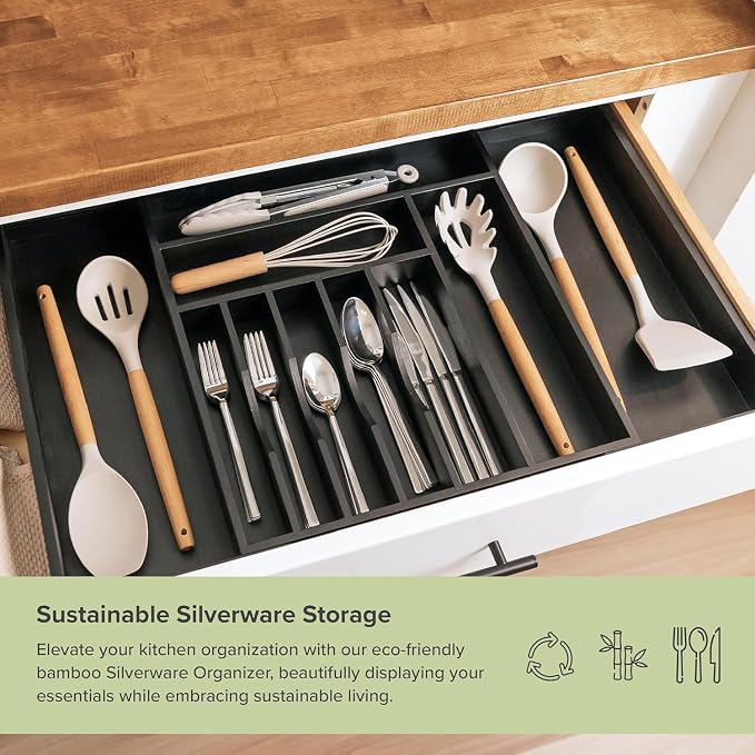 Silverware & Utensil Drawer Organizer, 16-28 in, Black Bamboo | Cutlery, flatware, food-safe contract grade, kitchen drawer fit - Image 5