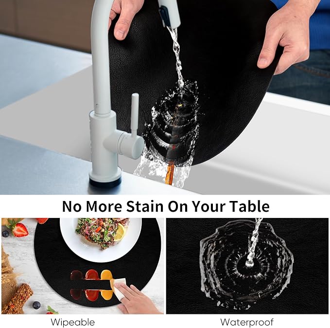 ADRIMER Placemats, Heat Resistant Round Placemats Set of 6 Washable, Waterproof Table Mats, Wipeable Faux Leather Place Mats for Kitchen, Dining Room, Black - Image 3