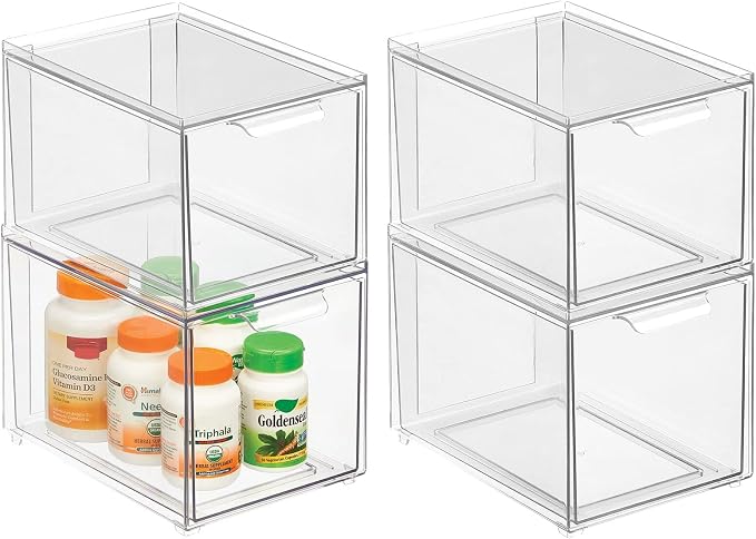 mDesign Plastic Stackable Bathroom Storage with Pull Out Bin Organizer Drawer for Cabinet, Vanity, Shelf, Cupboard, Cabinet, or Closet Organization - Lumiere Collection - 4 Pack - Clear by mDesign
