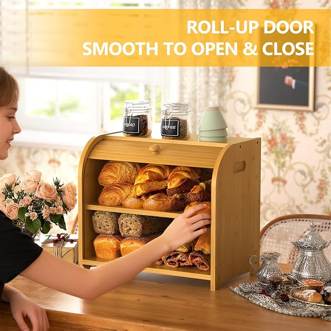 Bamboo Bread Box for Kitchen Countertop, Roll Top Bread Storage Box | Double Layer, Large Capacity, Space-saving, Easy Assembly - Image 3