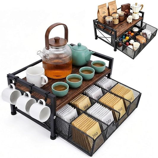 Tea Bag Coffee Bar Organizer,Teabag Holder & Coffee Station with Storage Drawer,Wood Tea Station Chest Display Container Box for Countertop Kitchen (Rustic Brown) by HOYWOUL
