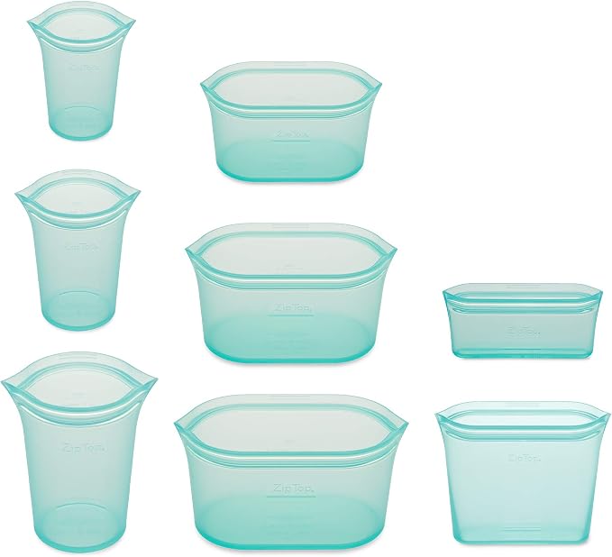 Zip Top Reusable Food Storage Containers Full Set of 8 Teal – Platinum Silicone Cups, Dishes & Bags – Microwave, Dishwasher & Freezer Safe – Made in USA, BPA-Free - Image 2