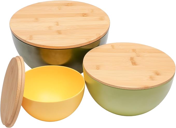 ECOWAY Salad Bowl Set of 3 with Bamboo Lids, Mixing Bowl Set, Nesting Bowls for Space Saving Storage, Made with Durable Eco-Friendly Bamboo Fiber, Great for Prepping and Serving Food (3 Colors) - Image 3