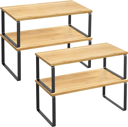 SONGMICS Cabinet Organizer Shelf, Set of 4 Kitchen Counter Shelves, Kitchen Storage, Spice Rack, Stackable, Expandable, Metal and Engineered Wood, Ink Black and Natural Beige UKCS210B01 by Unknown