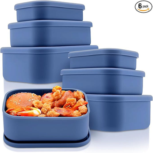 2 Sets of 6 Silicone Food Storage Containers, Reusable Lunch Bento Box with Lid, Hard Shell Storage Containers, Microwave Dishwasher Freezer Safe, 10 oz, 23.6 oz, 44 Ounce(Blue) by Blushtier