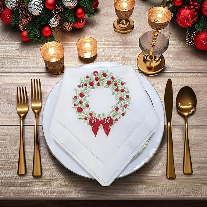 Embroidered Cotton Napkins Christmas 20x20 (Wreath Red Berries Christmas) - Image 6