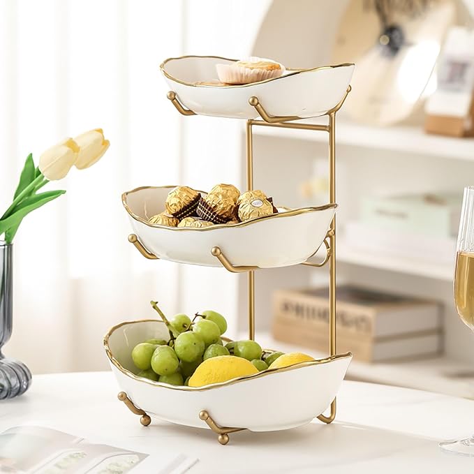3-Tier Fruit Bowls for Kitchen Counter,Ceramic White Bowl with Gold Metal Stand,3 Tier Fruit Basket for Fruit,Snack,Cake,Nuts,Dessert Storage - Image 5