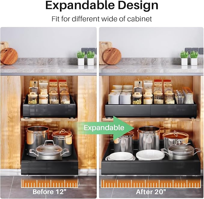 2 Pack Pull out Cabinet Organizer, Expandable(12"-20") Heavy Duty Slide out Drawer Fixed with Adhesive Nano Film for Pots, Roll out Shelf Storage for Kitchen Organization, Pantry, Bathroom(Black) - Image 8