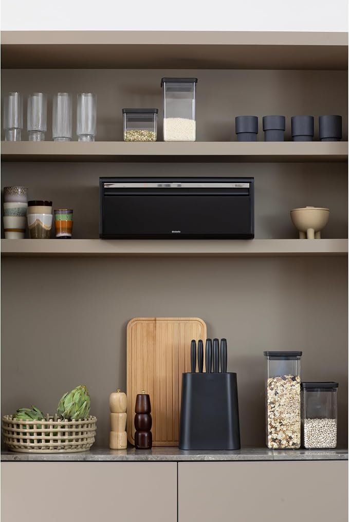 Brabantia Rectangular Fall Front Bread Box | Matt Black | Large Metal Front Opening Bread Store for Kitchen Countertop | Flat Top for Extra Storage, Magnet Closing Lid | Fits 2 Loaves - Image 5