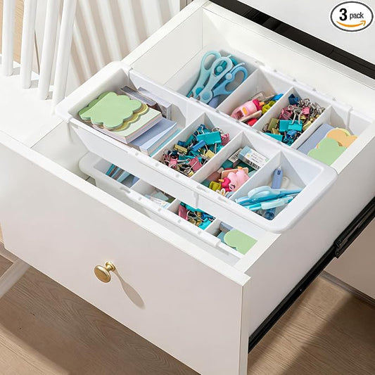 3 Pcs Expandable Drawer Organizer Bins Adjustable Deep Drawer Hanging Organizer Tray Expandable 11.4 to 18.1 Inches Plastic Dividers Storage for Office Bathroom Bedroom Kitchen Desk, White by Unknown