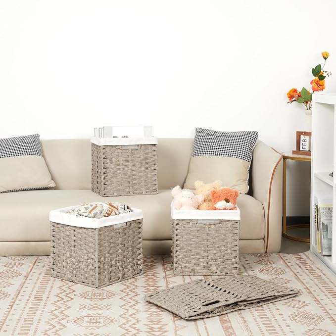 Bidtakay Wicker Storage Baskets for Organizing 4-Pack Hand-Woven Imitation Wicker Cube Storage Bins with Liners for Shelves Closet Cabinet 11x11 Waterproof Cube Organizer for Pantry-Greyish Beige - Image 5