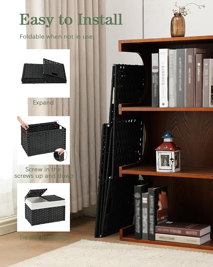 SETVSON Storage Basket with Lid PE Rattan Storage Basket 105L, Black | 27.8 Gallon Storage Bin with 2 Separate Lids, 2 Removable Liners for Clothes & Blankets, Sturdy Metal Frame, PE Rattan - Image 6