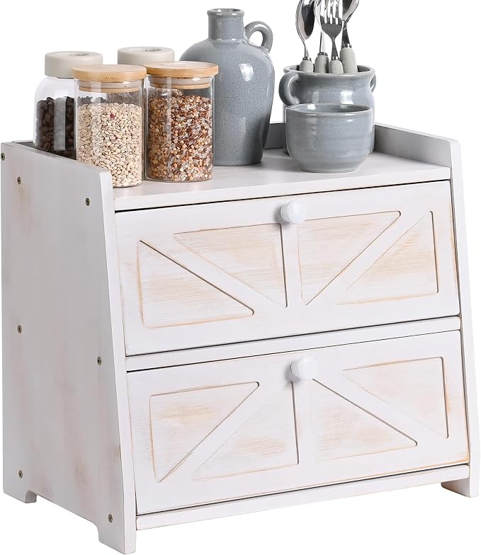 Bamboo Corner Bread Box for Kitchen Countertop 2-Tier White | Farmhouse Bread Storage Container, Large Pantry Organizers for Homemade Snacks, Loaves, Breathable Keeps Bread Fresh by Ollieroo