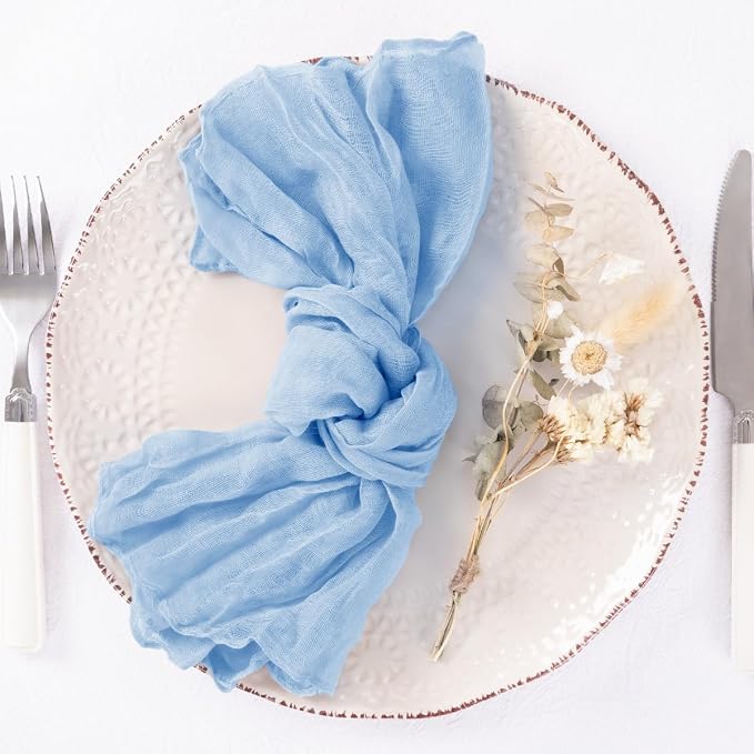 DeZerlor Baby Blue Washable Cheesecloth Napkins Set of 12 for Wedding Party | Light Blue Reusable Summer Cloth Napkins Bulk, for Bridal Baby Shower Dinner Cocktail Birthday Home, 21x21 Inches - Image 4