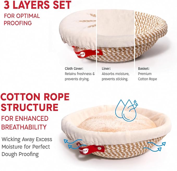 KneadAce Essential Sourdough Starter Kit - Artisan Bread Baking Tools | Bake with this Sourdough Kit: Round banneton proofing baskets, dough whisk, bread lame, scraper & brush set, bread sling - Image 5