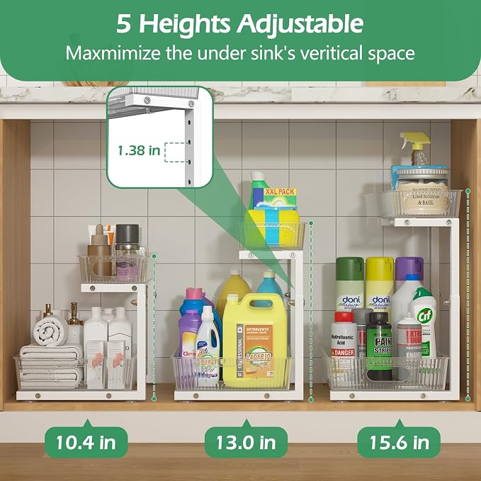 ADRIMER Under Sink Organizer 2 Packs, Pull Out Kitchen Sink Organizer, 2 Tier Slide Out Kitchen Organizers and Storage Bathroom Under Cabinet Storage Shelf, Transparent & White - Image 4