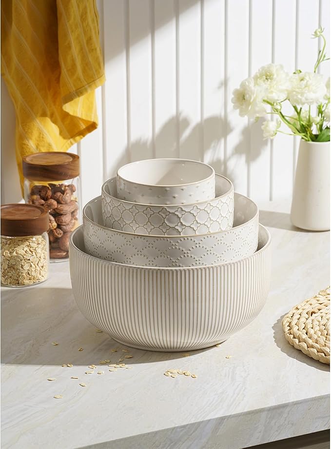 Mikiegy Ceramic Mixing Bowls Set of 4, Nesting Ceramic Embossment Stoneware Mixing Bowls for Cooking, Serving, Popcorn, Salad etc, Microwave & Dishwasher Safe, 20/44/98/145 oz, Off-White - Image 5