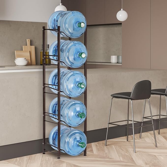 LIANTRAL 5 Gallon Water Jug Holder, 5 Tiers Brown Heavy Duty Water Rack | Freestanding Water Bottle Organizer for Home Office - Image 7