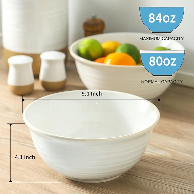 Hasense Serving Bowls, 9 Inch Ceramic Salad Bowls for Kitchen, 84 Ounce Mixing Bowl for Soup Pho Pasta Popcorn, Dishwasher & Microwave Safe, Set of 2(Clay-Infused White) - Image 2