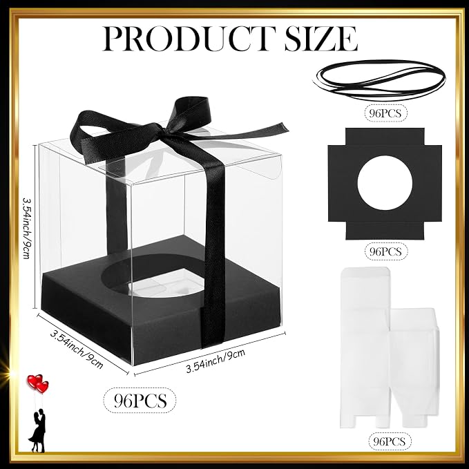 96 Pieces Individual Cupcake Boxes Single Cupcake Container Clear Cupcake Carrier Plastic Cupcake Storage Cupcake Holder with Ribbon and Insert for Wedding Birthday Party Favor, 3.5 x 3.5 x 3.5(Black) - Image 2