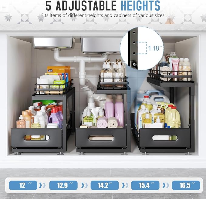 Under Sink Organizer Upgrade To Professional Rails,2-Tier Dual Pull Out Cabinet Storage,Height Adjustable Slide Out Drawers For Bathroom Kitchen,1 Pack-21"Dx12.8"-16.9"H,Black - Image 6
