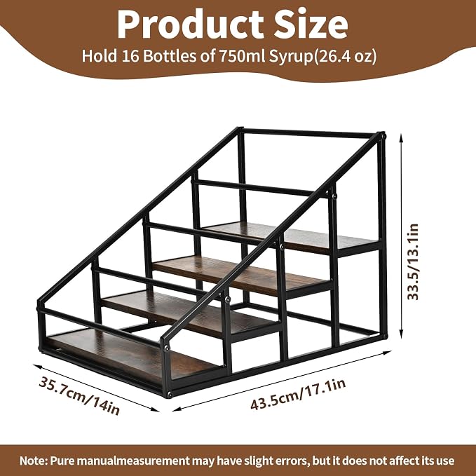 YQBRAO 2-Pack 4-Tier Coffee Syrup Organizer, 32-Bottle Total, Brown | Two racks hold up to 32 bottles total with stepped visibility for large coffee bars, kitchens, and beverage stations. - Image 3