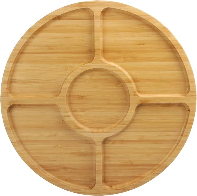 BambooMN Natural 12" Bamboo Round 5 Compartment Serving Tray/Platter, Charcuterie Board, Perfect for Snacks, Party Platter, Appetizers - 1 Tray - Image 2