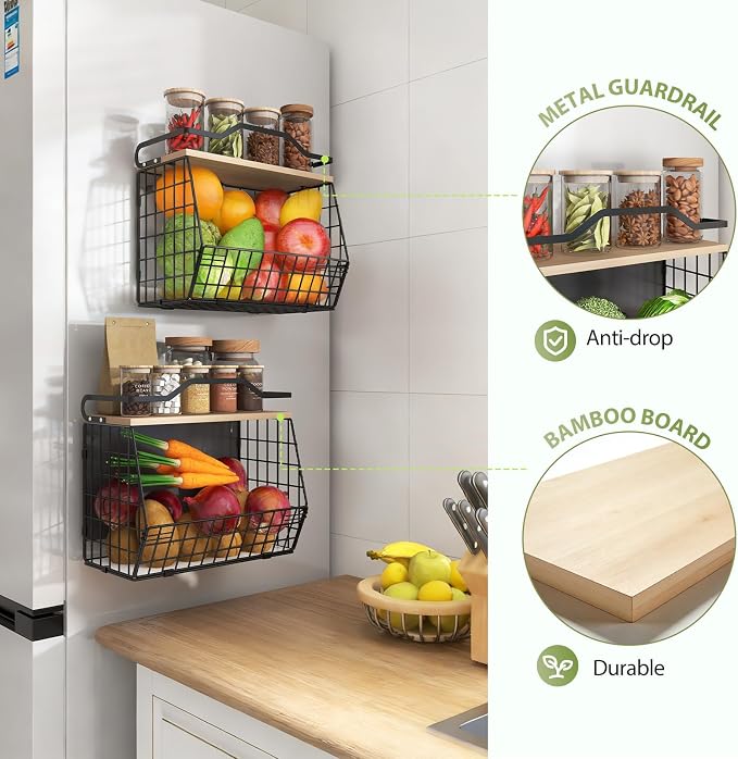 Wawocs Magnetic Shelf for Fridge with Wood Lid, 2 Tier Fruit Baskets Wall Mounted Hanging Basket with 4 Hanger Hooks, Potato and Onion Magnetic Storage Bins for Kitchen Counter, Refrigerator, Cabinet - Image 3