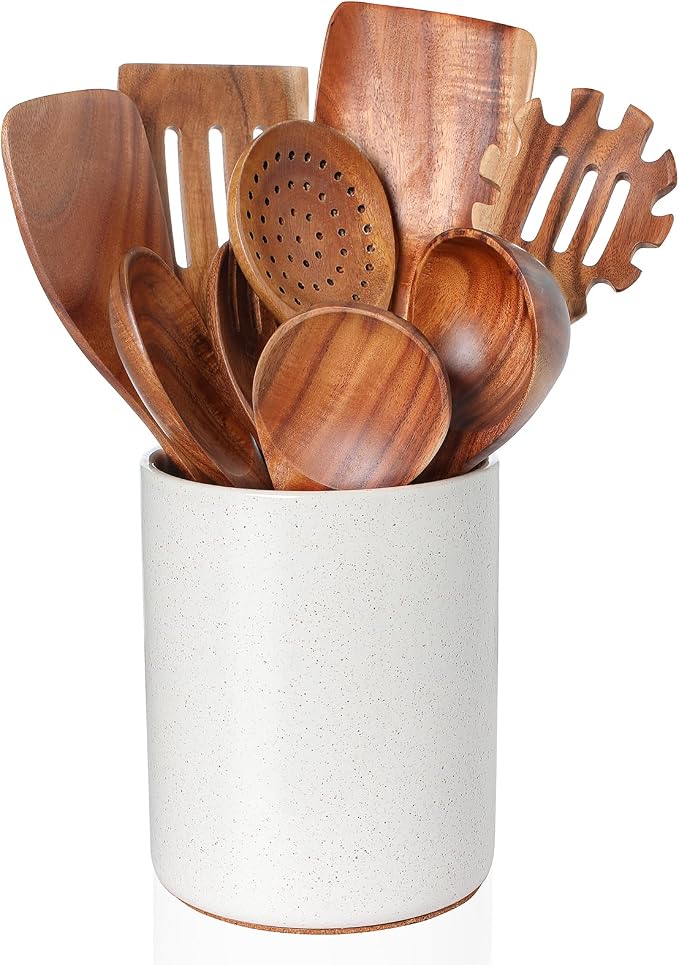 Wooden Cooking Utensils Set with Ceramic Holder,Teak Wood Utensils 10pcs | Holder for Countertop with Protection Cork Bottom,Nonstick Spoons, Cooking Spatula Set,Kitchen Decor, (Sand) by Nucookery