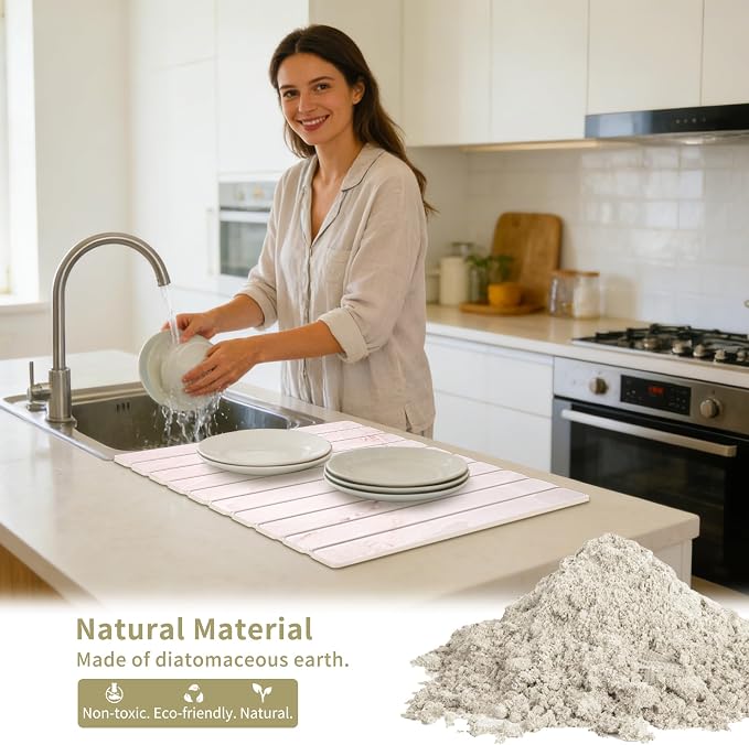 Stone Dish Drying Mat - Large Foldable Marbled Quick Drying Dish Mats With Stone Coasters Set of 4 Collapsible Ultra Absorbent Diatomaceous Earth Mats for Kitchen Counter Bathroom (Pink) - Image 2