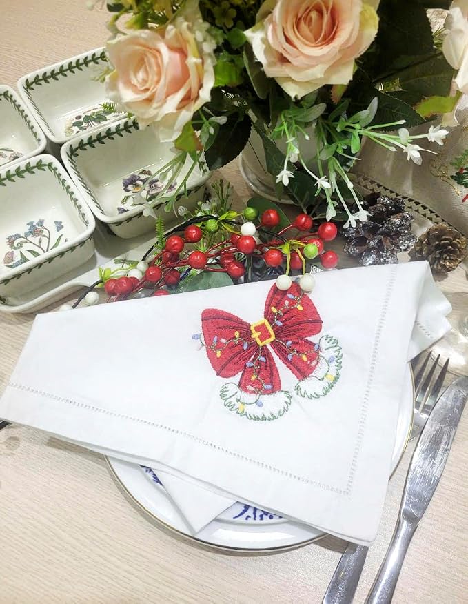 Embroidered Cloth Napkin Red Bow Christmas Cotton Napkins Set of 6, 20x20 Hemstitch Table Napkins, Machine Washable, Daily & Holidays, Great Gift Ideas - Image 4