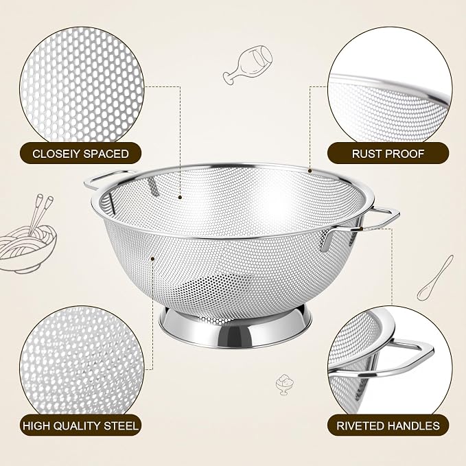 Geetery 7 Pcs Stainless Steel Kitchen Accessories Set 3 Nesting Mixing Bowls with Lid(1.5/3/5qt), 1 Colander with Handle(5qt), 3 Fine Mesh Strainers(8/14/20cm) for Cooking, Baking, Prepping, Draining - Image 5