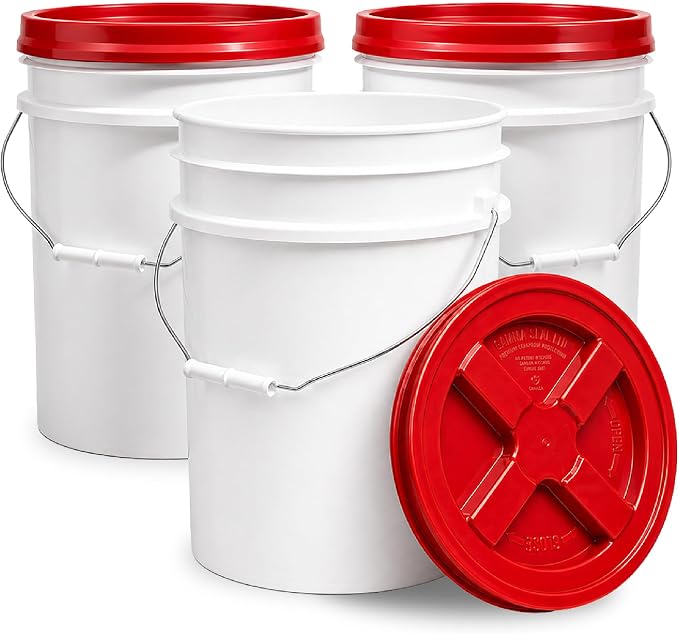 5 Gallon Bucket - Food Grade w/Lid BPA-Free, White/Red, 3 | Airtight Gamma Seal Screw-On Lid, Heavy-Duty 90 Mil HDPE Plastic, Food Safe and Durable Container, Bulk Storage, Made in USA by ePackageSupply