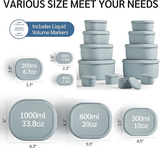 ISSEVE 12Pcs/Set Nesting Silicone Food Storage Containers with Lids | BPA-free, Reusable, Meal Prep Containers, Small Freezer Portions, Dishwasher Cleaning, Nested Cabinet Storage, 5 Sizes, Grey - Image 9
