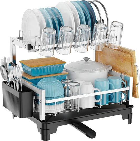 Stainless Steel Dish Drying Rack 2 Tier, Compact Dish Racks for Kitchen Counter with Cutting Board Holder, Auto-Drain Spout, Rust Proof Dish Drainer for Apartment, 21" L x 12.6" W, Silver by GSlife