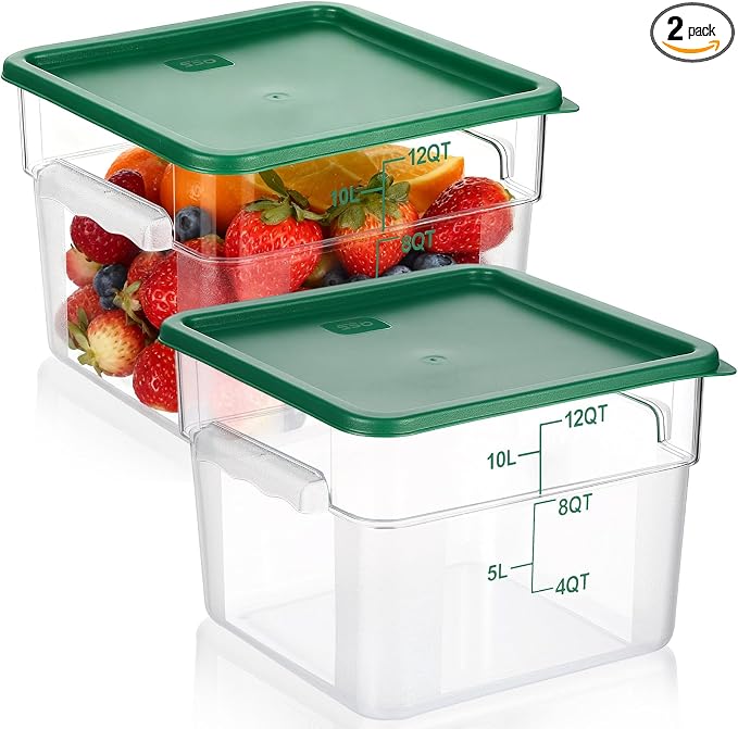 FoldTier 2 Pieces Square Food Storage Containers Polycarbonate Clear food Container with Lid Commercial Storage with Graduations for Commercial Kitchen Dough Marinating Meat(Green,12 Qt) by FoldTier