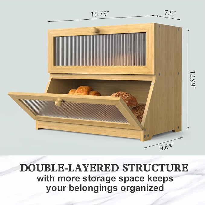 LOHASOK Bread Box for Kitchen Countertop, Wood Color | 2-layer, Bamboo, Large, Farmhouse Bread Container Holder Storage, Acrylic translucent window - Image 5
