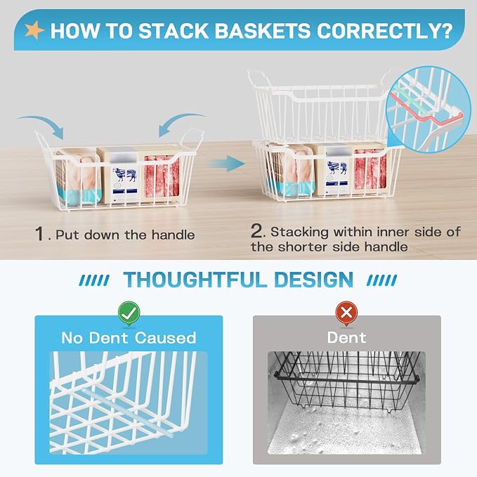 SUNALLY Freezer Organizer Bins, 8 Pack Stackable Pantry Storage Bins, White | Chest Freezer Organizer for 5-7 Cu.FT Deep Freezer to Sort Frozen Meats & Food, Wire Baskets for Pantry Organizers & Storage - Image 4