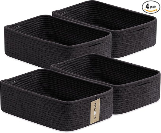 MiniArk Large Shallow Organizing Baskets 15x11x5.1 Inches - Rope Woven Storage Bins for Bathroom, Shelves, Cube Closet, Black 4 Packs by MiniArkStorageBasketsHome