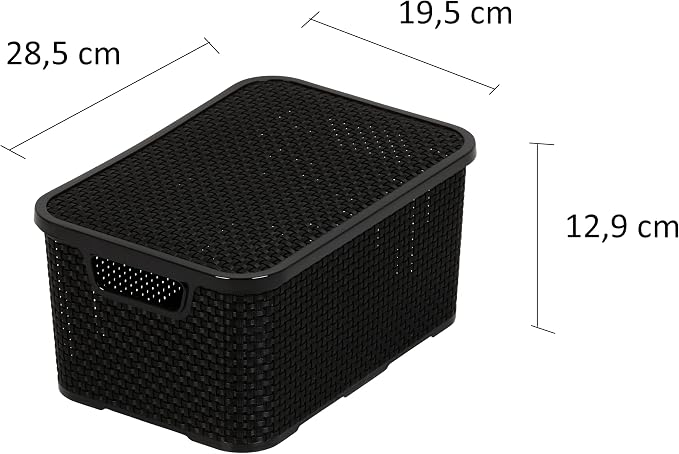 BranQ - Home essential Basket with Lid in Rattan Design, Set of 2, Size S 7 L, BPA-Free Plastic PP, Black, 28.5 x 19.5 x 12.9 cm, Pack of 2 - Image 2