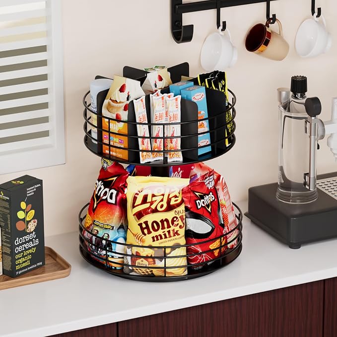 Snack Organizer - Versatile Snack Storage 2 Tier Lazy Susan with Convenient Grab-and-Go Design, Metal Snack Holder for Home, Office, Breakroom, 11.85" L x 11.85" W x 13.3" H (Matte Black) - Image 5