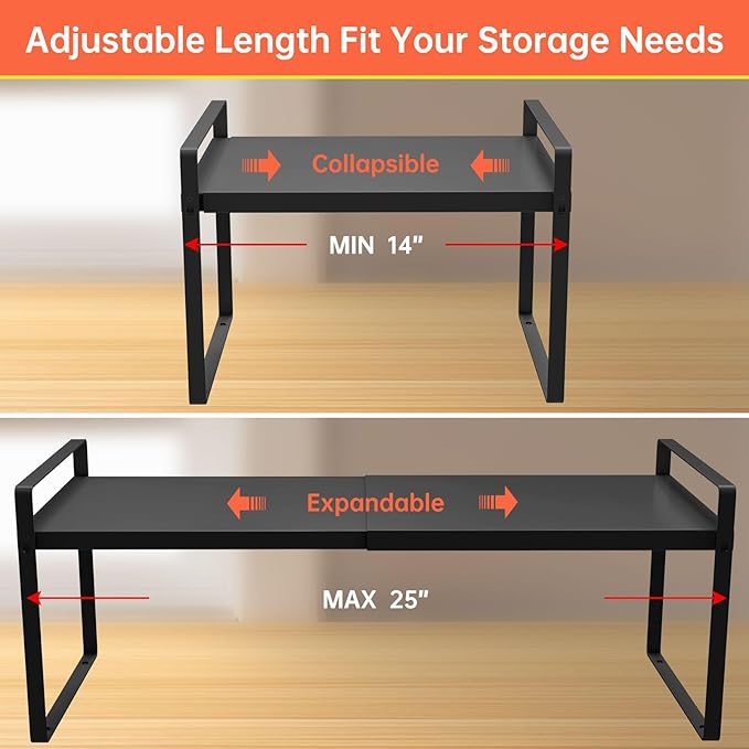 (2-Pack) 11" Cabinet Shelf Organizer Set, 14"~25" Expandable Shelves for Kitchen Cabinets & Cupboards, Perfect for Dishes, or Small Appliance Storage - Image 4