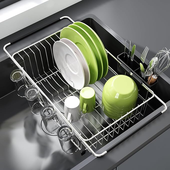 JASIWAY Dish Drying Rack in Sink, Dish Drainer with Cup and Utensil Holder | Over The Sink Expandable Stainless Steel Strainer Dryer Rack for Small Kitchen, Counter Space Saving, Fast Drain, Rustproof by JASIWAY