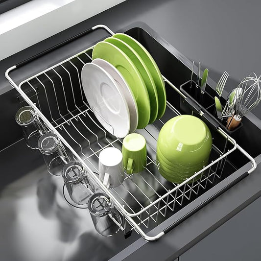 JASIWAY Dish Drying Rack in Sink, Dish Drainer with Cup and Utensil Holder | Over The Sink Expandable Stainless Steel Strainer Dryer Rack for Small Kitchen, Counter Space Saving, Fast Drain, Rustproof by JASIWAY