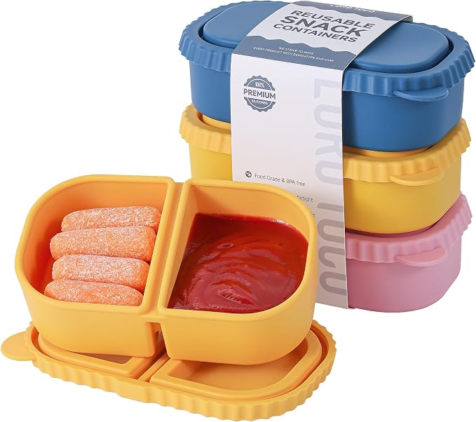 3 Pack Silicone Reusable Snack Containers with Lids - 8 oz Double Compartment Snackle Box for Kids & Adults, BPA-Free & Leakproof, Small for Dressing, Snacks, School, Office, Picnic by LOROTOCO