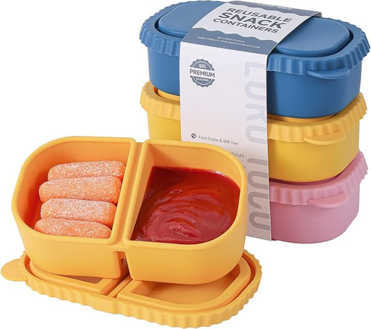 3 Pack Silicone Reusable Snack Containers with Lids - 8 oz Double Compartment Snackle Box for Kids & Adults, BPA-Free & Leakproof, Small for Dressing, Snacks, School, Office, Picnic by LOROTOCO