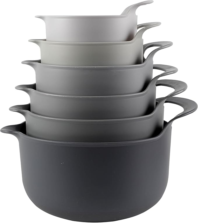 COOK WITH COLOR Nesting Plastic Mixing Bowl Set with Pour Spouts and Handles, Gray, 6 Piece Non-Slip by CookwithColor