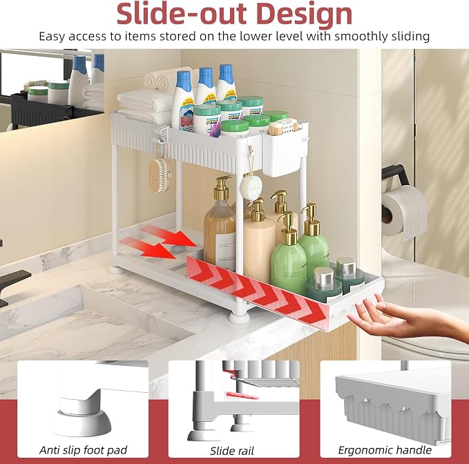 4-Pack 2-Tier Under Sink Organizer with Pull Out Drawers | Multi-use kitchen & bathroom storage. Includes hanging hooks and cups. White, space-saving cabinet design. 12.8 Inch - Image 2